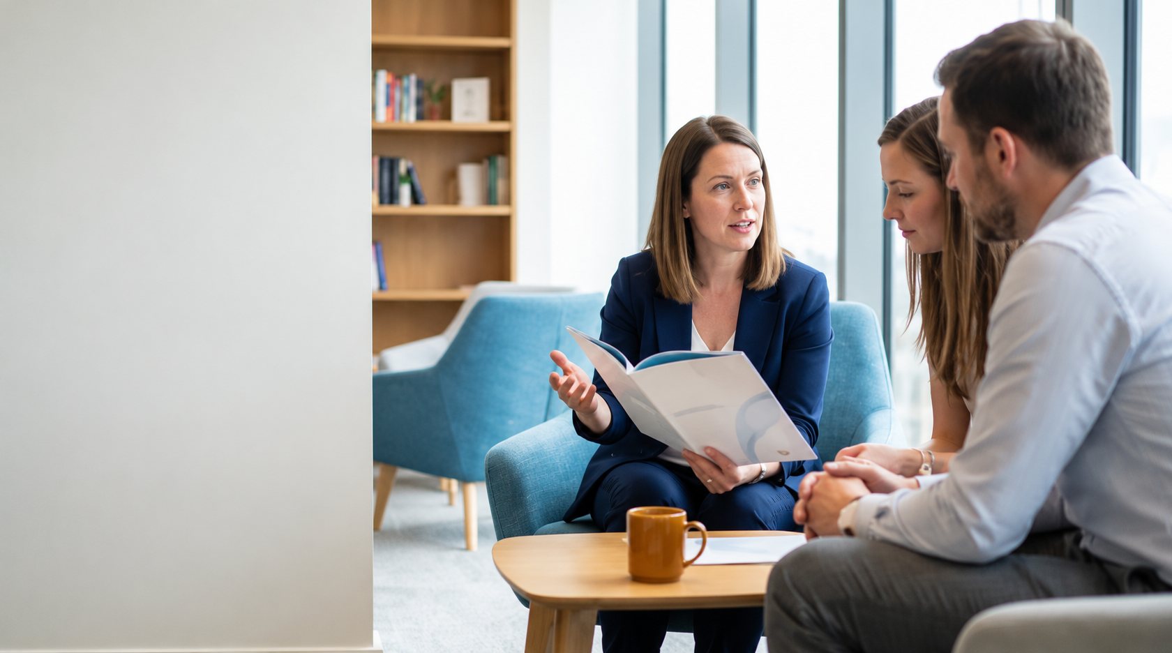 Une femme assise dans un fauteuil bleu tient un dossier ouvert et s'adresse à un homme et une femme installés en face d'elle, avec une tasse orange sur la table basse.