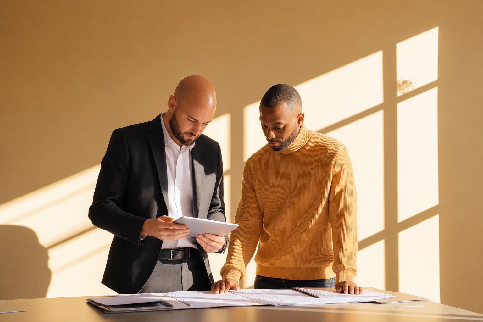 Deux hommes debout autour d'une table consultent une tablette et des documents dans une pièce baignée de lumière chaude.