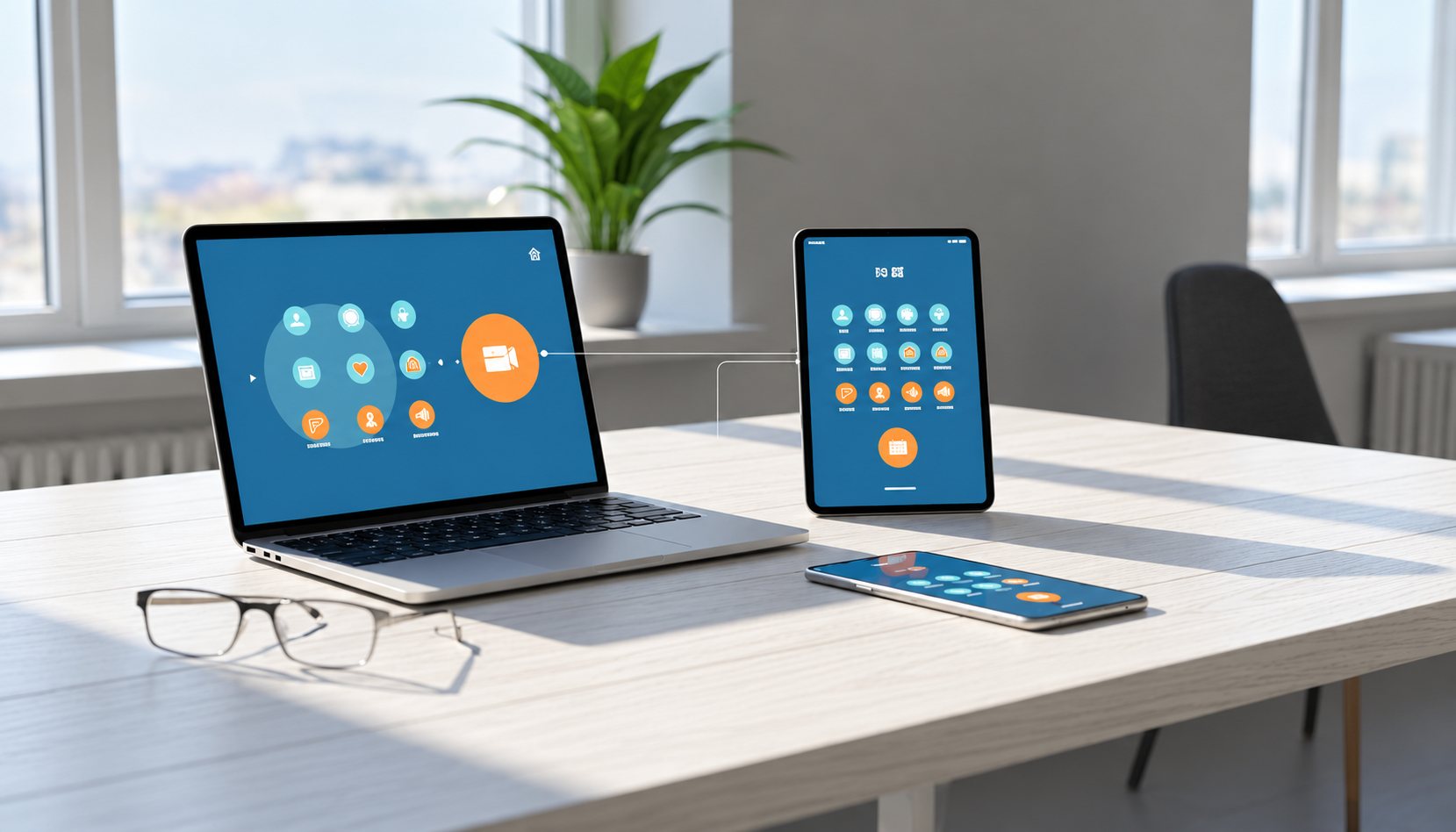 Un ordinateur portable, une tablette et un smartphone affichant des icônes bleues et orange sont posés sur une table blanche près d'une paire de lunettes, dans un bureau lumineux avec une plante verte.