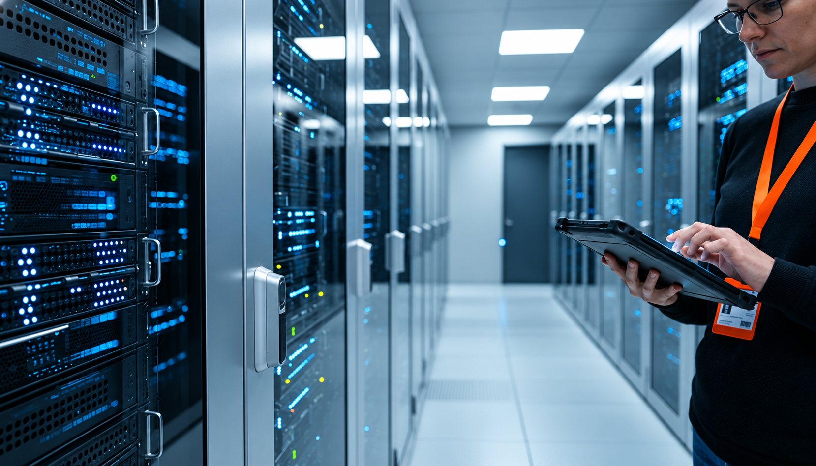 Une technicienne portant un cordon orange consulte une tablette dans un long couloir de datacenter bordé de baies serveurs aux voyants bleus.